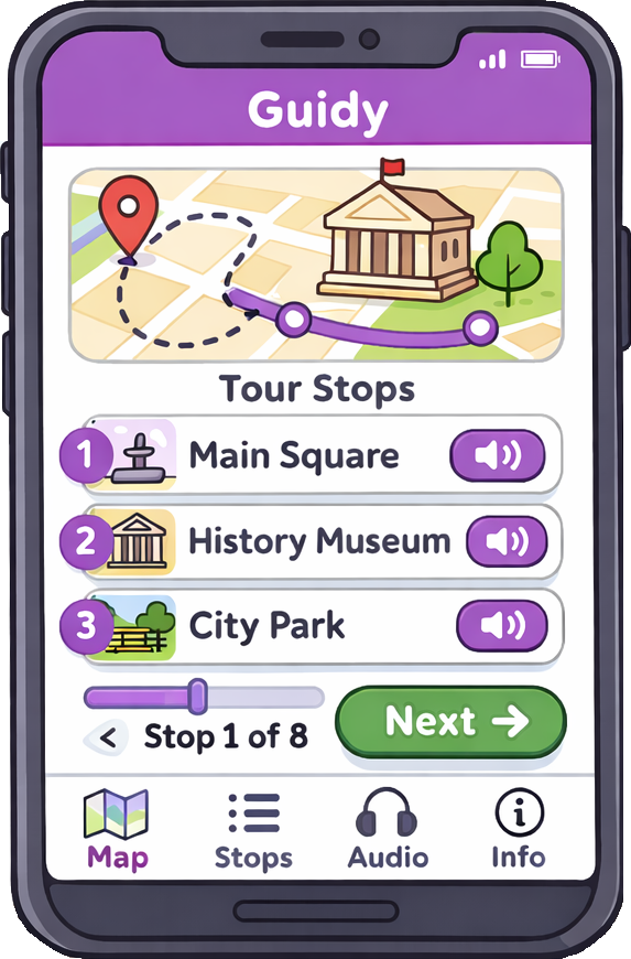 Guidy app showing tour stops